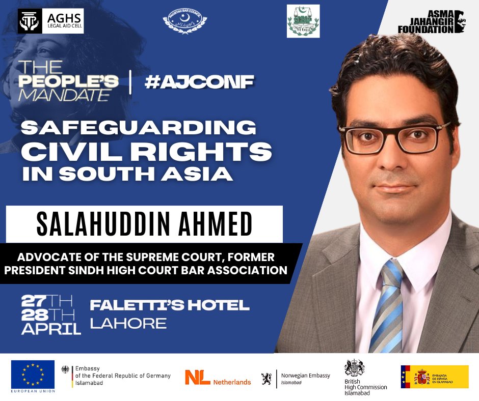 #AJCONF is here! Advocate of the Supreme Court, former president Sindh High Court Bar Association @SalAhmedPK will be participating in the #AsmaJahangir Conference 2024. Watch this space and follow @Asma_Jahangir for the event livestream on 27 - 28 April