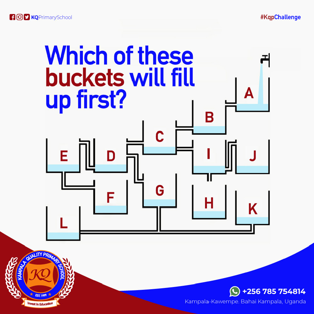 In our #kqpchallenge today, we ask; which of these buckets according to you will fill up first? Put your answers in the comments section below.😉 #KqpQuiz #WisdomWednesday #wednesdaytrivia #InvestInEducation.

#UNEB #MoneyHeist #Namboole #Kabojja #Gashumba #Kamana #Banyarwanda