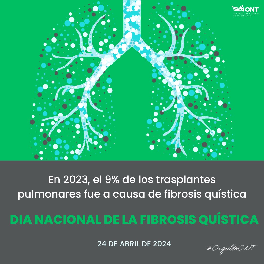 🫁 En los últimos 20 años, alrededor de 800 personas con fibrosis quística en 🇪🇸 han recibido un #trasplante. En 2023, un 9% de los trasplantados pulmonares. Gracias a los donantes y a sus familias por cambiar sus vidas. ¡Feliz #DíaNacionaldelaFibrosisQuística! #OrgulloONT💙