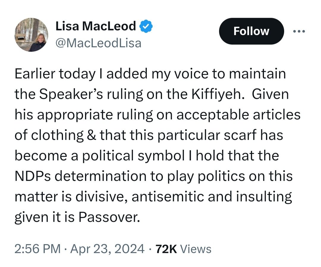 Someone should really tell Lisa MacLeod that anti-Palestinian racism and conflating Jews with Israel doesn't equate to solidarity with the Jewish people. She's been trying this for months now.