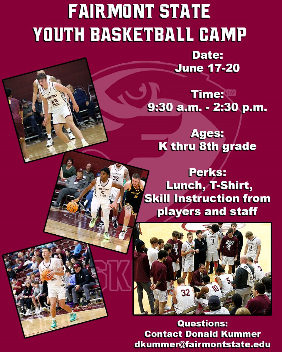 🏀 FAIRMONT STATE YOUTH BASKETBALL CAMP 🏀 Link: falconmensbasketball.totalcamps.com/shop/EVENT Email Assistant Coach Donald Kummer if you have any questions! dkummer@fairmontstate.edu