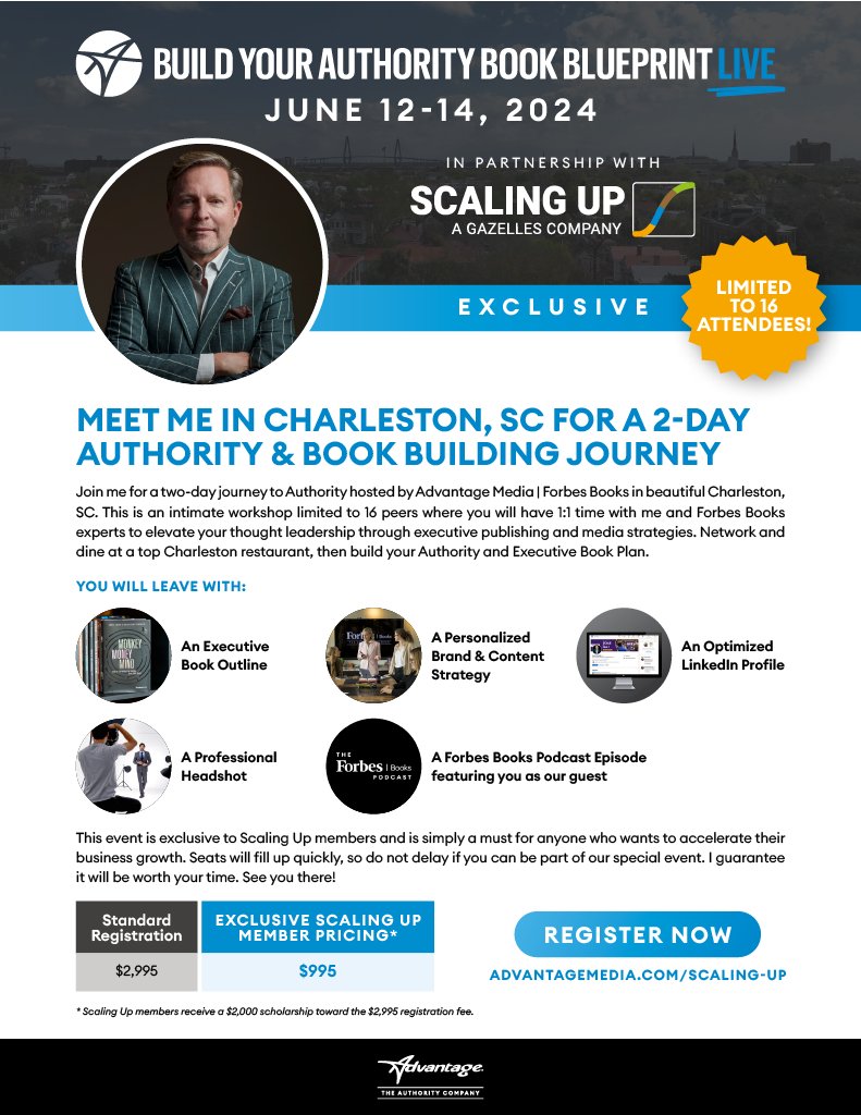 Write Your Own Book/Content – Join Me June 12 - 14 Limited to 15 CEOs, yesterday I sent around a flyer for a program I’m co-hosting in beautiful Charleston, SC with Forbes Books.➡️ advantagemedia.com/events/in-pers… @AdvantageFamily