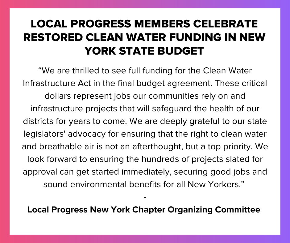 LocalProgress's tweet photo. A few weeks ago, almost a dozen LP members wrote to @GovKathyHochul asking her not to cut millions from clean water projects. On behalf of our almost 200-strong member chapter, the New York Organizing Committee celebrates the full funding for the #CWIA in this year's budget. https://t.co/F0Wz80n9aq