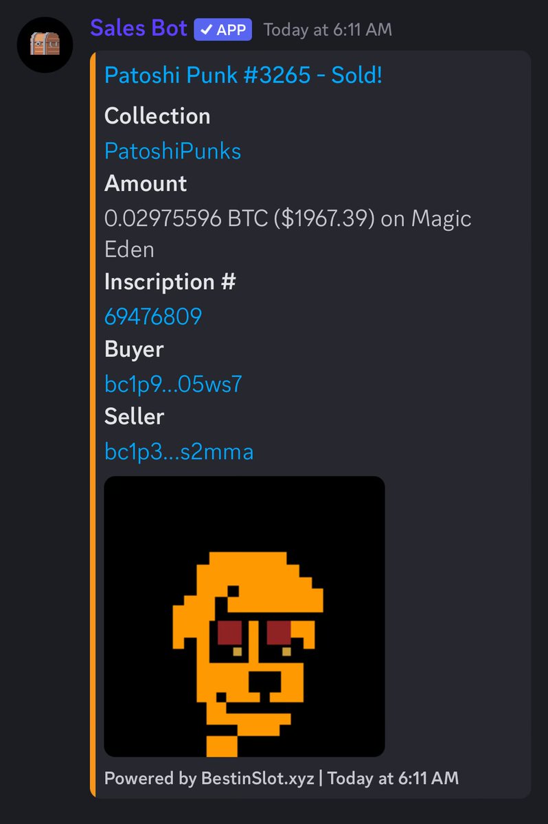 PatoshiPunks's tweet photo. PatoshiPunk #3265 has sold for 0.03 BTC ($1,967.39) 🏷️ 🔥🔥🔥
#PatoshiSales #PP👣 https://t.co/A4zcwNYDyi