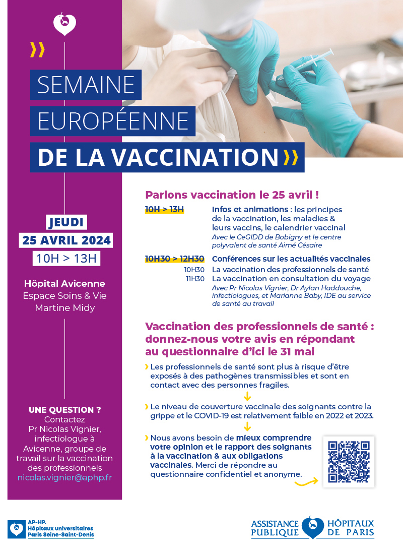 #Prevention | Rejoignez-nous demain à @Avicenne_RMuret @APHP pour une journée d'informations et d'échanges pour tout savoir sur la vaccination 🦠💉! Au programme : infos, animations et conférences. 📍Hôpital Avicenne - @villedebobigny 🗓️25 avril - 10h>13h