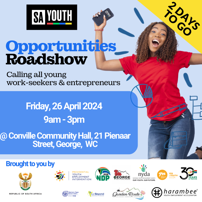 Only 2 days left for the SA Youth #OpportuniesRoadShow! Join the NYDA at the SA Youth Opportunities Roadshow! Are you a young job seeker or an aspiring entrepreneur? Don't miss out! Happening this Friday, 26 April 2024 from 9am to 3pm at Conville Community Hall, 21 Pienaar