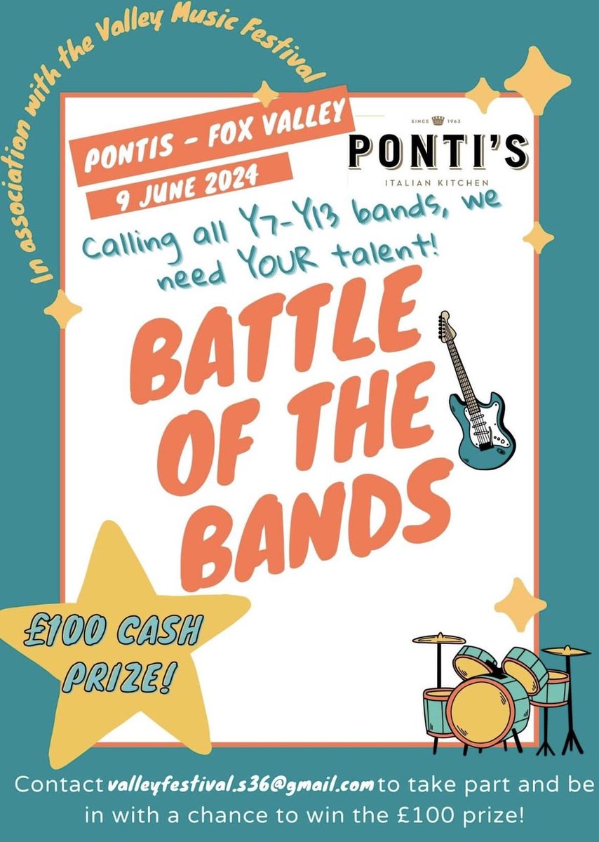An exciting new opportunity from @Barnsleymushub 🎸 They’re looking for Rock Bands Y7-13, to perform, with a chance to win £100! In association Valley Music Festival taking place 9 June 2024! Contact 👉 valleyfestival.s36@gmail.com