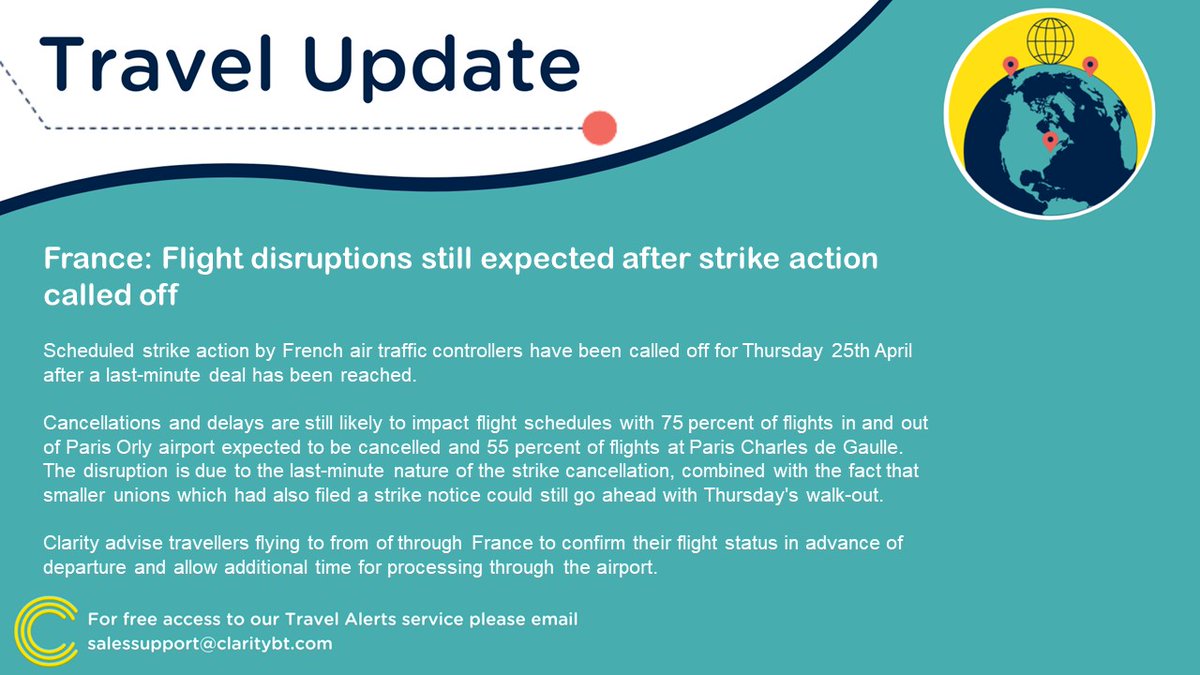 #TravelAlert: #France: #Flight disruptions still expected after #strike action called off
