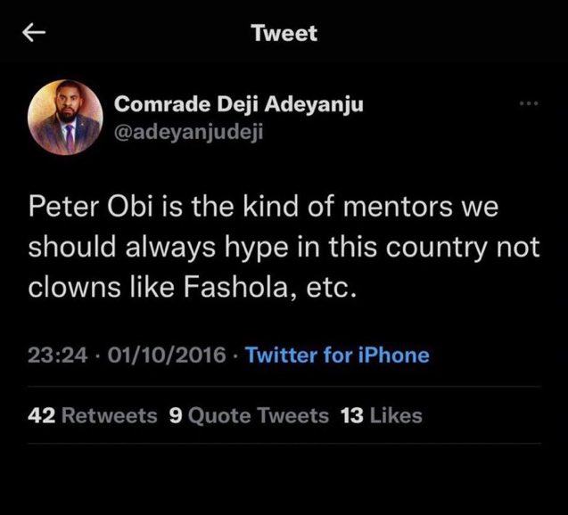 Comrade Deji posted this about Peter Obi in 2016 after OBi left governor office after 8 years in office as Anambra state governor. Today he’s telling you that the same Peter Obi didn’t build any school when he was governor. APC supporters are just slave for life.