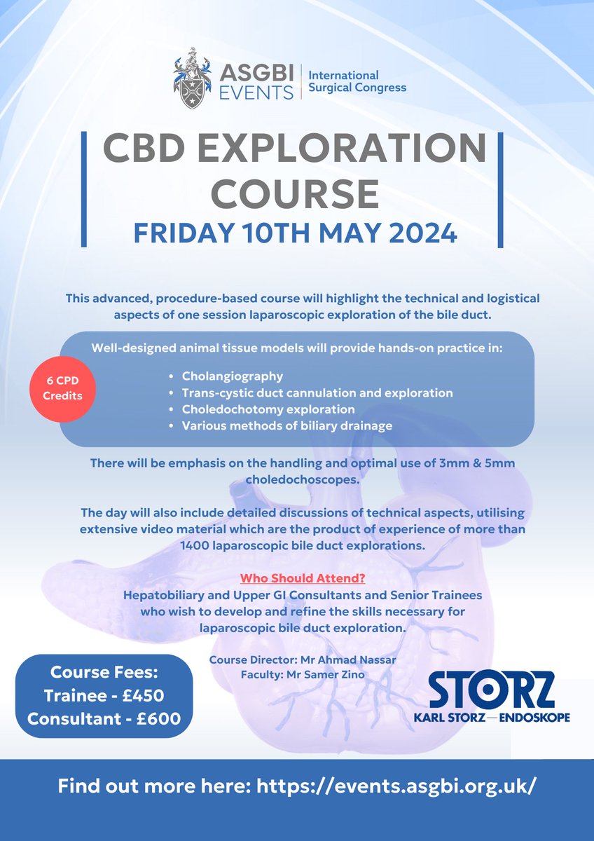 FINAL PLACES REMAINING! Do you want hands-on practice in laparoscopic exploration of the bile duct? Join us on 10th May for our CBD Exploration Course 😃 @ASGBI_MA @Augishealth @roux_group @SpenceGary @susanyoong @markataylor16 @kingmartinj