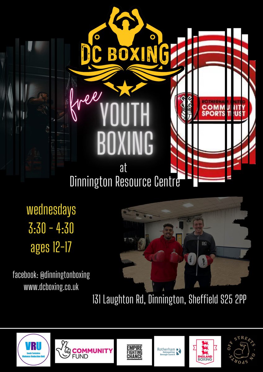 #wednesdaymotivation #boxing 🥊🥊@dcboxingfitness at @DinningtonResC YOUTH BOXING - 3.30 - 4.30pm (12 - 17 years) #FREE open to all young people of Rotherham Full details below🥊🥊 #boxingtraining #boxinglife #fitness #youngpeoplematter #allwelcome #juniors #youth @RUFC_CT