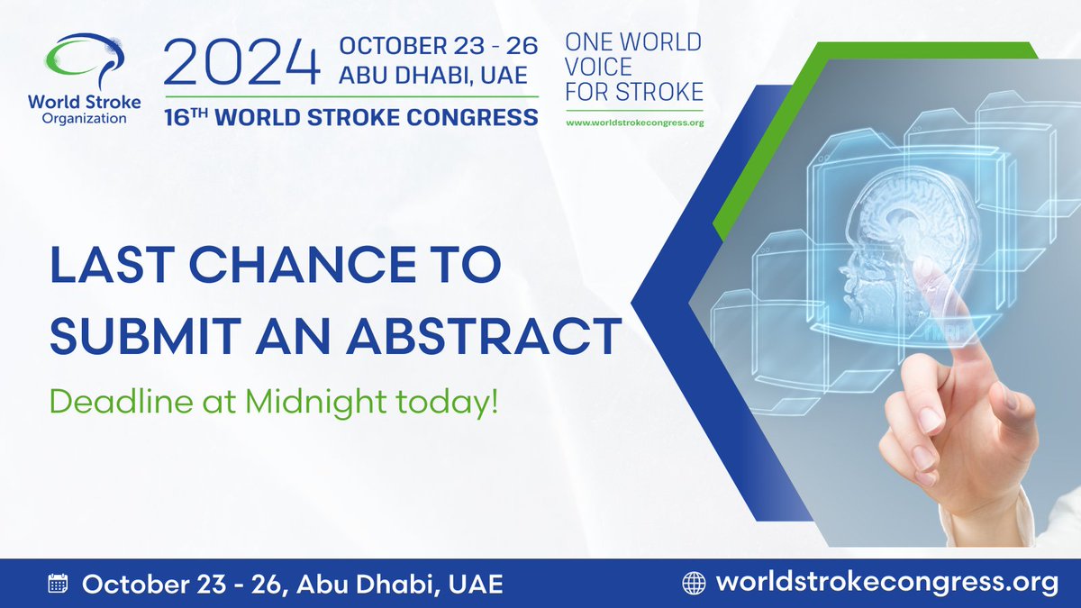 Ready to make your mark in stroke research? 📢 Today is your final chance to submit an abstract for #WSC2024! Act now and be a part of the global conversation on #StrokePrevention, treatment, and recovery. ⌛ Submit your abstract before midnight today: bit.ly/4baqRkQ
