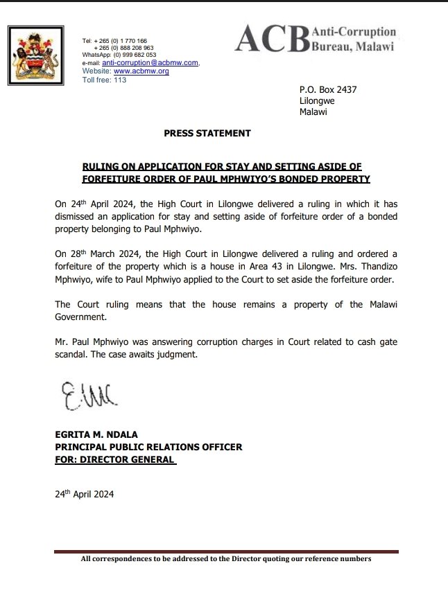 PRESS STATEMENT: RULING ON APPLICATION FOR STAY AND SETTING ASIDE OF FORFEITURE ORDER OF PAUL MPHWIYO'S BONDED PROPERTY 
#Resist #reject and #report corruption. #EndCorruption #call113