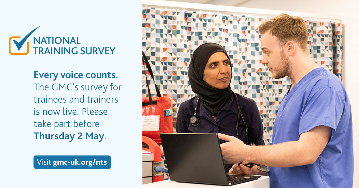📢 Attention GPs! Your insights are invaluable. Join the @gmcuk annual national training survey to contribute to shaping the future of postgraduate medical education. Your feedback is crucial for monitoring and improving training quality. Take the survey: gmc-uk.org/education/how-…