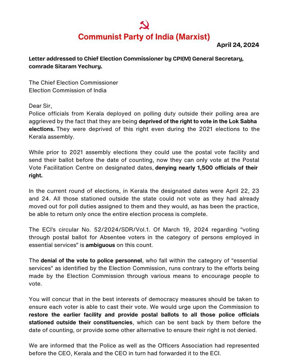 Letter by comrade Sitaram Yechury to Chief Election Commissioner urging ECI to restore the earlier facility and provide postal ballots to all those police officials stationed outside their constituencies.