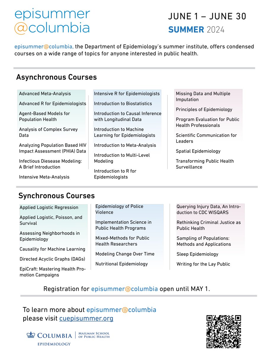 Register by May 1st (1 week from today!) for the Dept of Epidemiology @ Columbia University Mailman School of Public Health's summer institute, episummer@columbia! Find out more about episummer: bit.ly/Episummer2024i… Peruse our June 2024 short courses: bit.ly/Episummer2024c…