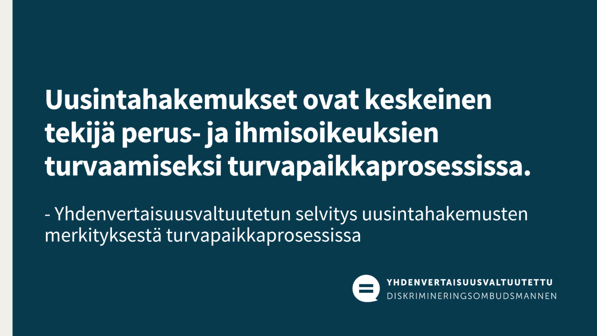 yhdenvertaisuus's tweet photo. Uusintahakemukset ovat keskeinen tekijä perus- ja ihmisoikeuksien turvaamiseksi turvapaikkaprosessissa. Yhdenvertaisuusvaltuutettu on julkaissut selvityksen, jossa se on tarkastellut turvapaikkaprosessissa tehtyjä uusintahakemuspäätöksiä. https://t.co/SoKKNk1FcV https://t.co/3PfTYB8sPA