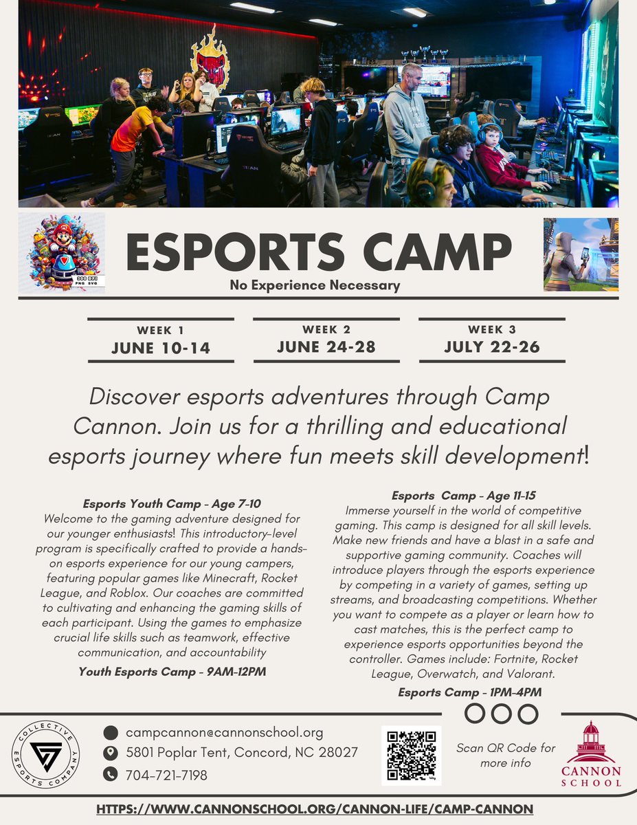 We have an amazing one week camp this summer, hosted at <a href="/CannonSchool/">Cannon School</a>. Dates in the flyer. 

cannonschool.org/cannon-life/ca…

#esportscamp #northcarolina <a href="/axioscharlotte/">Axios Charlotte</a>
