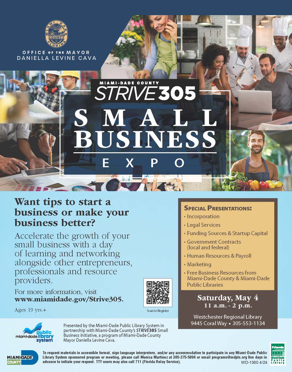 Attention business owners come visit us at the Strive305 Small Business Expo on May 4 from 11 a.m.-2 p.m. at the Westchester Regional Library @miamidadepubliclibrary