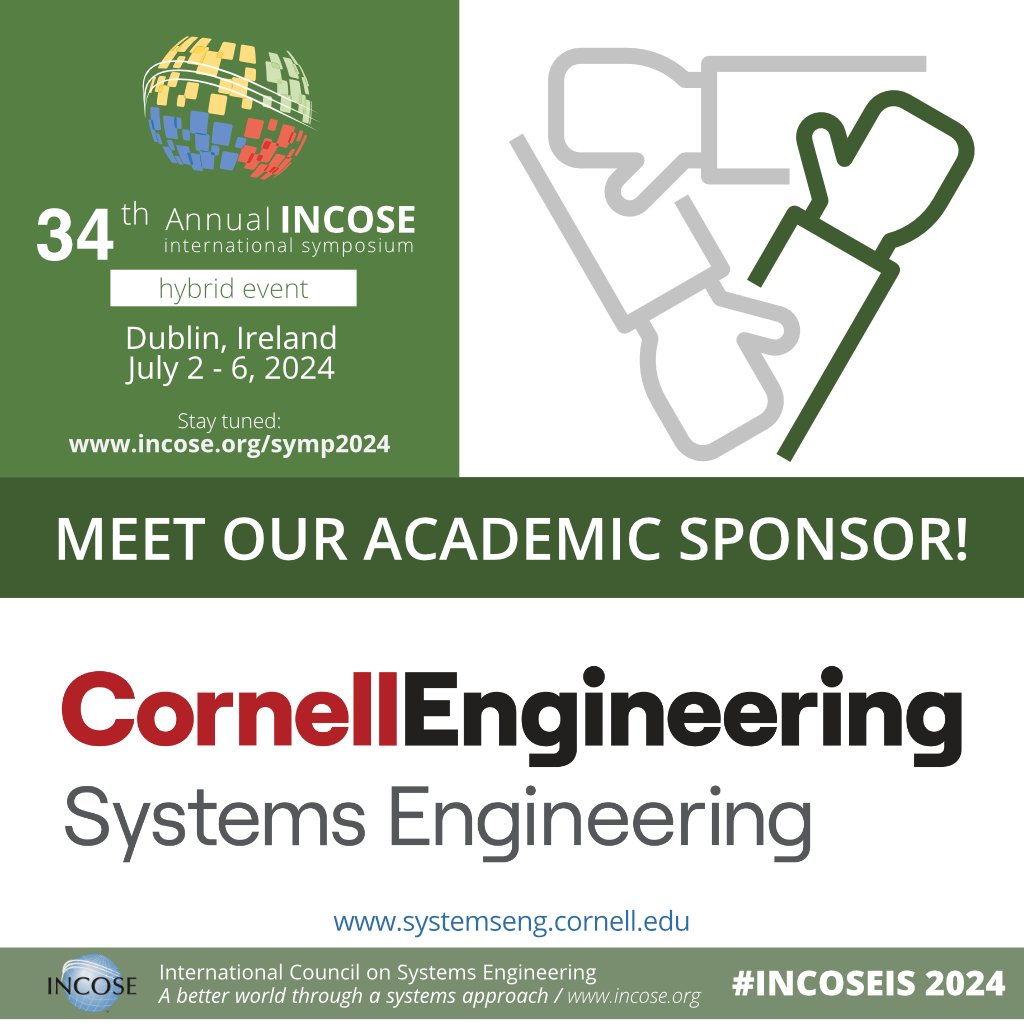 Huge 🙏thanks to 🎓Cornell Engineering - an Academic Sponsor providing valuable support to #INCOSEIS 2024, the largest annual gathering of the systems engineering community 🌟
@CornellEng
Meet the sponsors and register: bit.ly/3SMmRQ6 
#INCOSE #SystemsEngineers