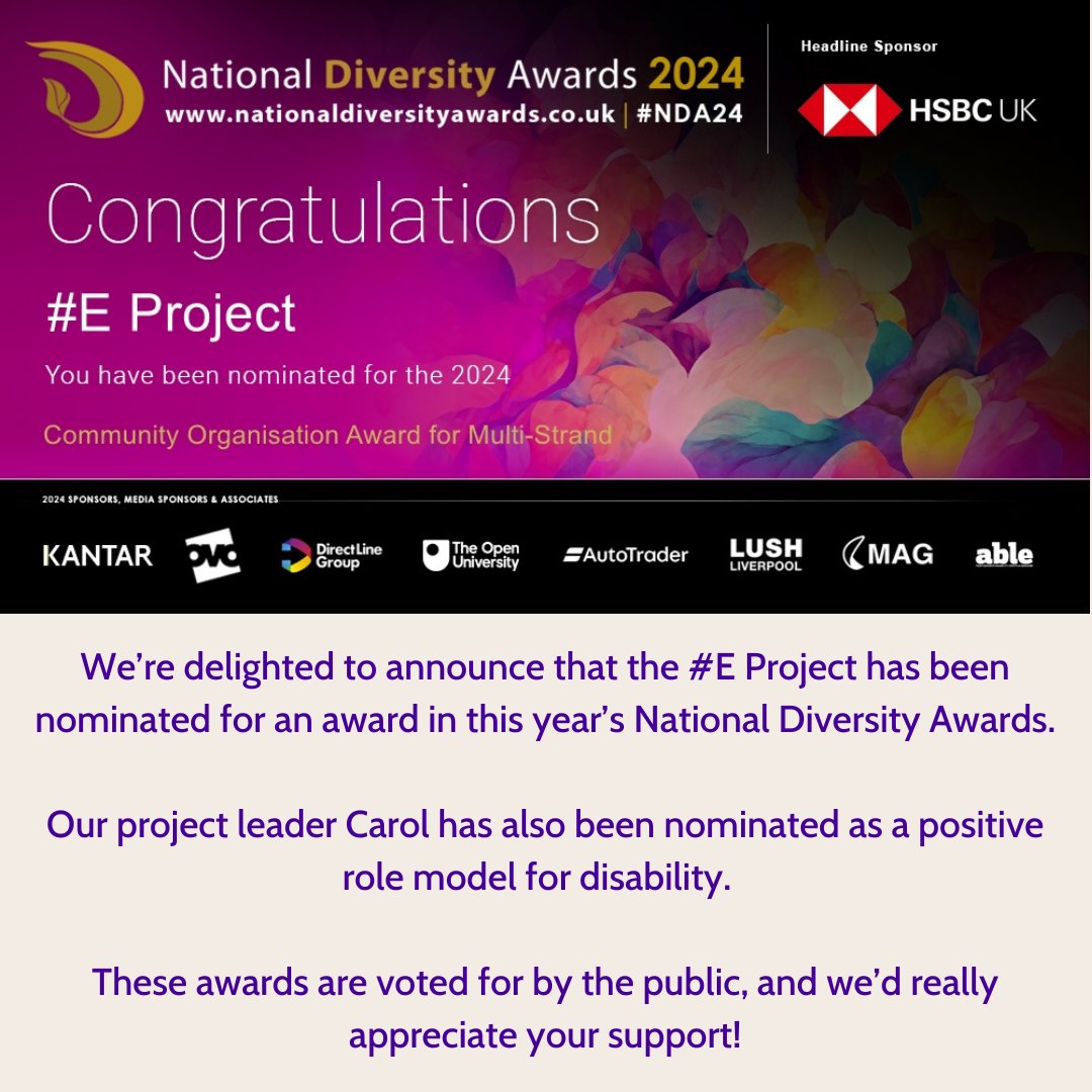 We're excited to reveal that Adoption UK Scotland's #E Project has been nominated in two categories for this year's National Diversity Awards! Vote for the #EProject here: ow.ly/rpR450ReQjr And for Carol, our team leader, here: ow.ly/Ox9z50ReQjs