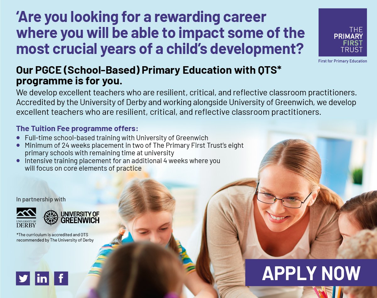 ThePrimaryFirstTrust (@primary1sttrust) on Twitter photo Train to teach with us! The next round of interviews is on 7th May. APPLY NOW:
…duate-teacher-training.service.gov.uk/course/3N3/C557
<a href="/UniofGreenwich/">Uni of Greenwich</a> <a href="/edu_greenwich/">Education Greenwich</a> <a href="/DerbyUni/">University of Derby</a>
#traintoteach Train to teach with us! The next round of interviews is on 7th May. APPLY NOW:
…duate-teacher-training.service.gov.uk/course/3N3/C557
<a href="/UniofGreenwich/">Uni of Greenwich</a> <a href="/edu_greenwich/">Education Greenwich</a> <a href="/DerbyUni/">University of Derby</a>
#traintoteach