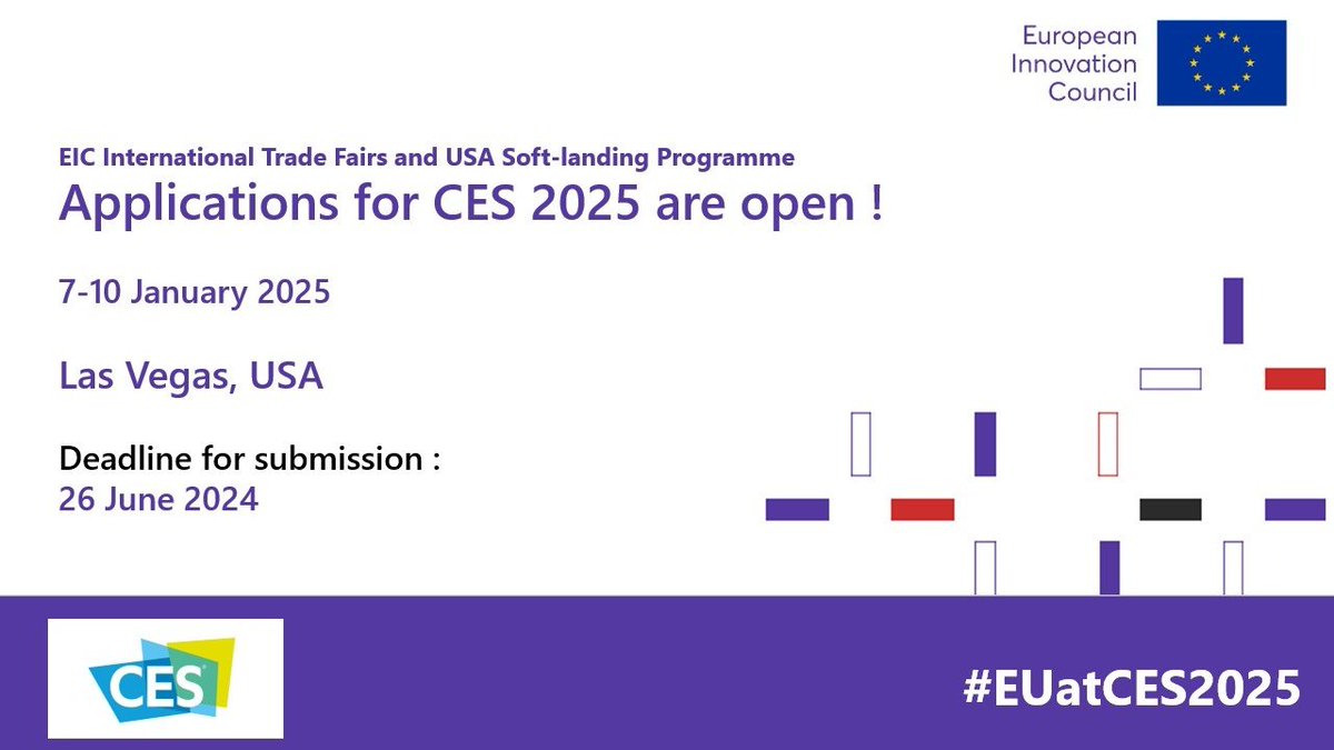 Join the European Pavilion at CES 2025 in Las Vegas 🇺🇸! The perfect chance to showcase your tech ideas with the #EUeic 🚀 Selected candidates will receive exclusive business support to expand to the US market. Apply by 26 June 👉 bit.ly/4dcSoUx #EUatCES2025