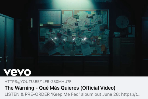 .@TheWarningBand2's official music video for Qué Más Quieres is premiering on YouTube in 30 minutes.

This music video is Paulina's directorial debut!! Don't miss it! 🎂youtu.be/1lfb-280MhU🥂

#TheWarningBand #DanyVillarreal #PauVillarreal #AleVillarreal #RockMusic #NewMusic