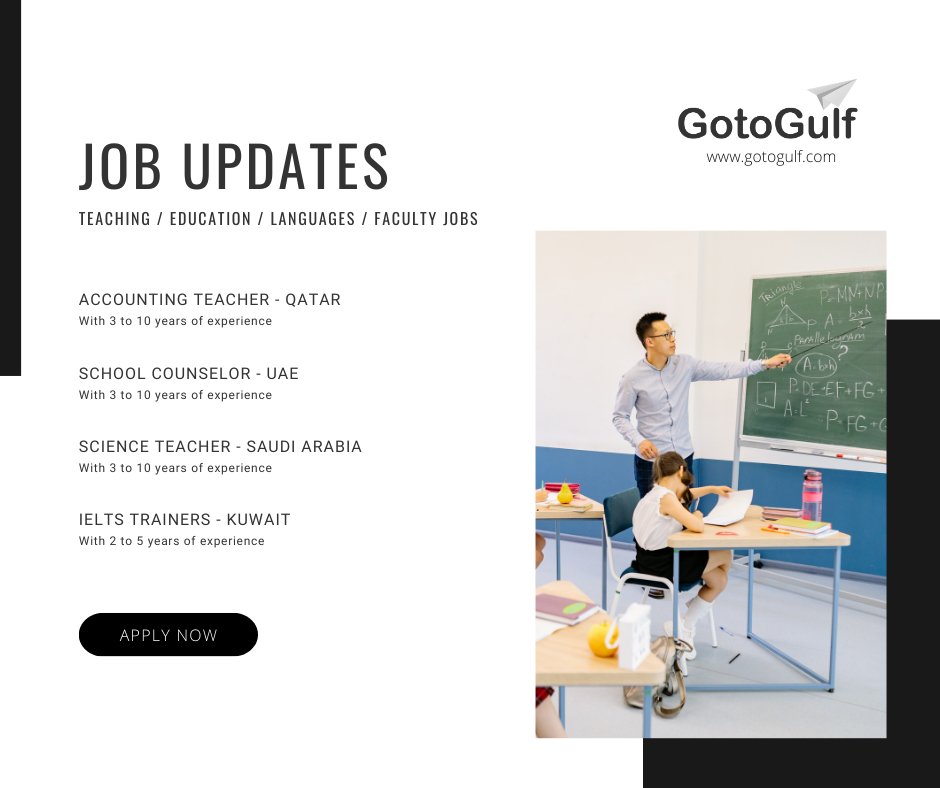 Click on the below link to apply for the job vacancies,
gotogulf.com/PublicSearchVi…

#gotogulf #jobs #middleeast #jobseeker #recruitment #teaching #teacher #education #language #faculty #accounting #school #counselor #science #ielts #trainer #uae #saudiarabia #qatar #kuwait