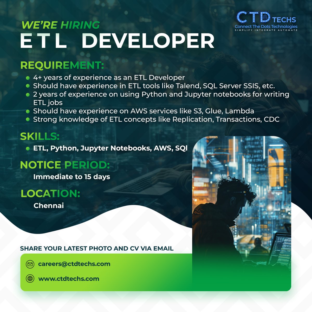 Join our team as an ETL Developer! 🚀
4+ years of experience required with expertise in Talend, SQL Server SSIS, Python, Jupyter Notebooks, AWS (S3, Glue, Lambda), and more. Immediate joiners are preferred. 

#ETLDeveloper #HiringNow #ChennaiJobs