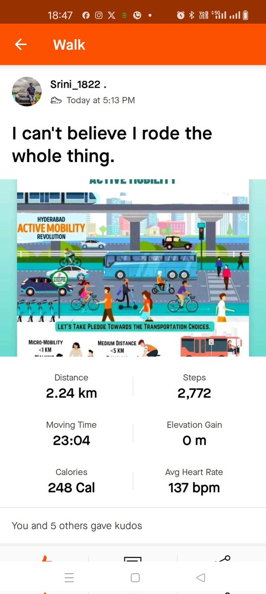 #HyderabadCyclingRevolution 
#CyclingCommunityOfHyderabad 
 #HCR4.0 promoting Active Mobility

Thanks Srini for leading Active Mobility by adopting 

1 ) Walk < 1 KM 🚶🚶
2 ) Bicycle 🚲 < 5 KM🚴‍♂️🚴‍♂️🚴‍♂️
3 ) Public Transportation > 5 KM 🚌🚍🚇🚈🚉
@sselvan