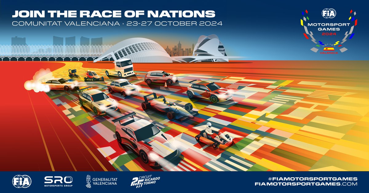 Join the Race of Nations! As we mark six months to go until the 2024 @fia Motorsport Games - check out the official poster for the event to be held in Valencia, Spain this October! - #FIAMotorsportGames