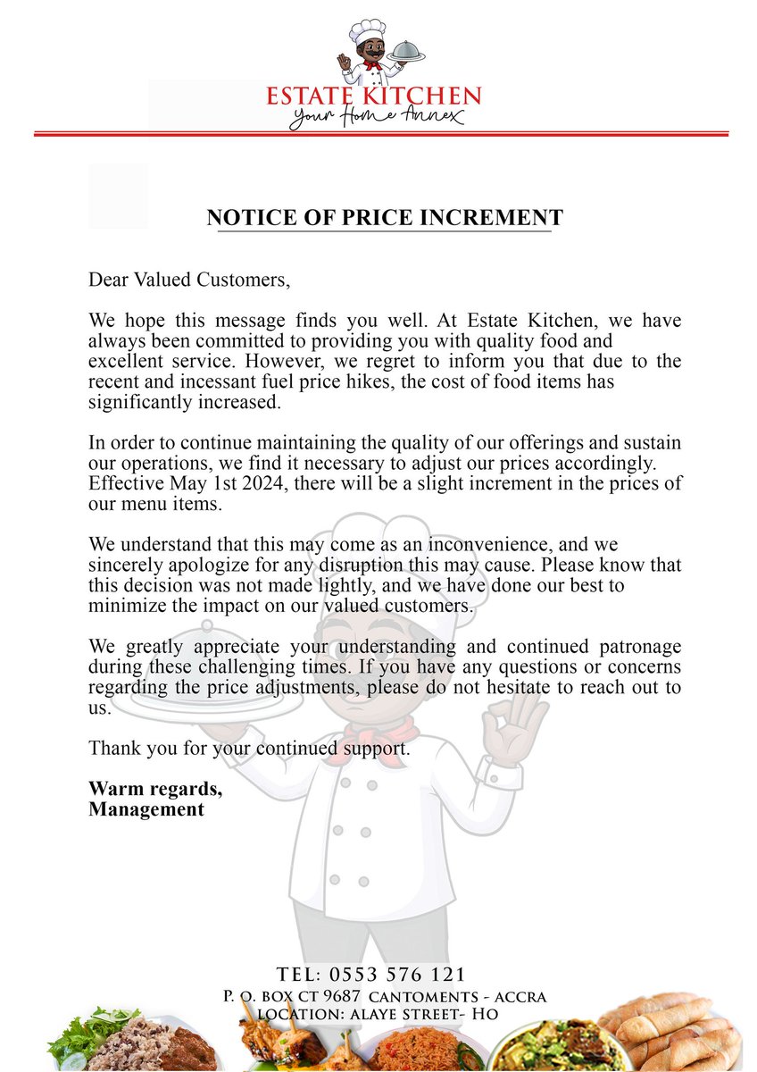 EstateKitchen's tweet photo. Kindly take note 
#Price Adjustment 
#1st May 2024
#Estate Kitchen https://t.co/rILbrbsugm