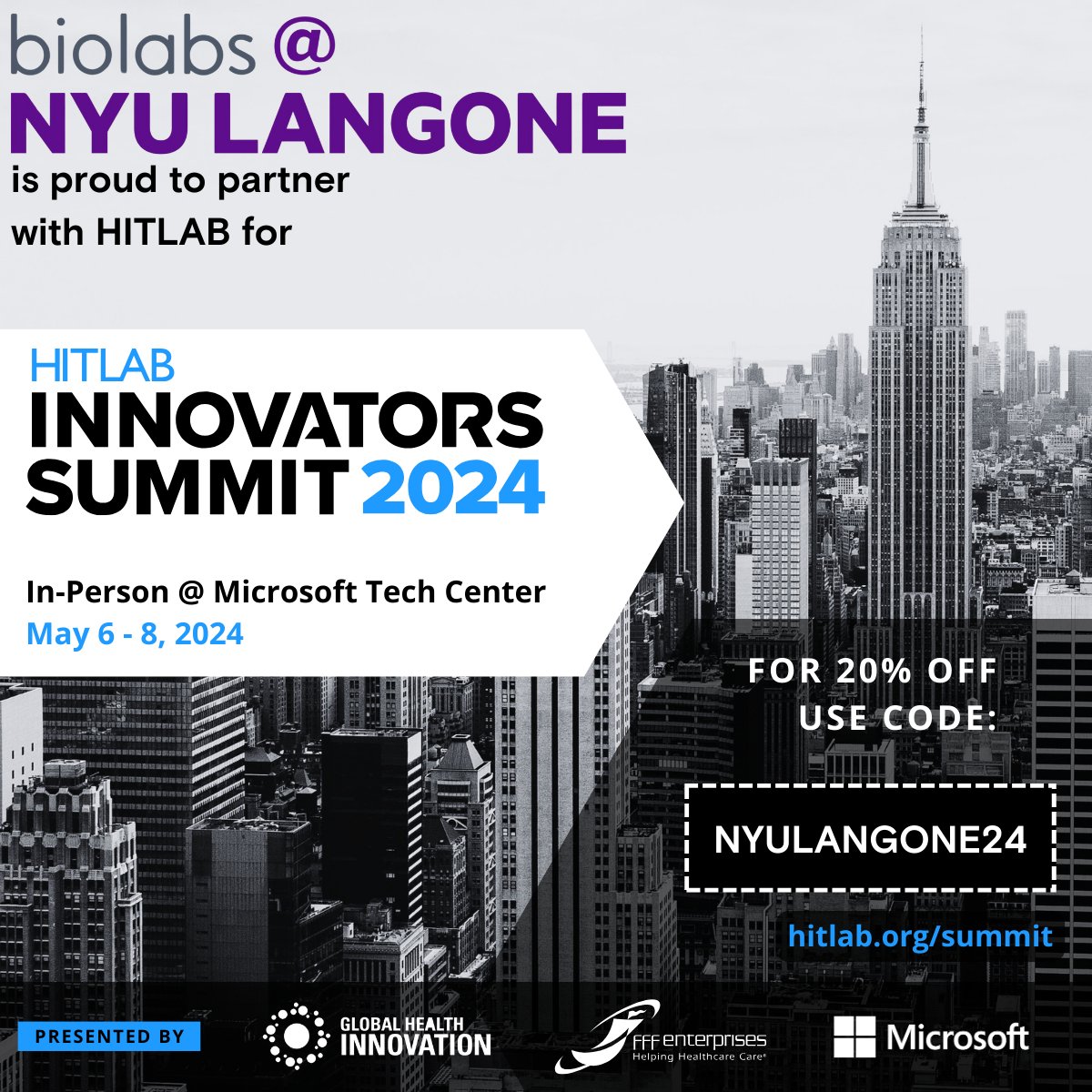 Thrilled to be onboard as a partner for the @HITLAB Summit! Together, we're driving forward the conversation on digital health solutions. Don't miss out – grab your discounted tickets now using code NYULangone24. #HITLAB #DigitalHealth Link to tickets: hitlab.org/summit/tickets/