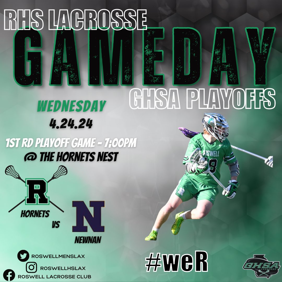 🐝GAME DAY GHSA Class 5A-6A 1st Rd Playoffs🐝
🆚Newnan
🗓4.24
⏰7pm 
🏟Ray Manus Stadium
📍Roswell,Ga 
🎟GofanHS
📺NFHS Network
🥍Class 5A-6A Area 5 #1 seed vs Area 8 #4 seed 
⭐️🏠 #weR #WELLmade #EARNit