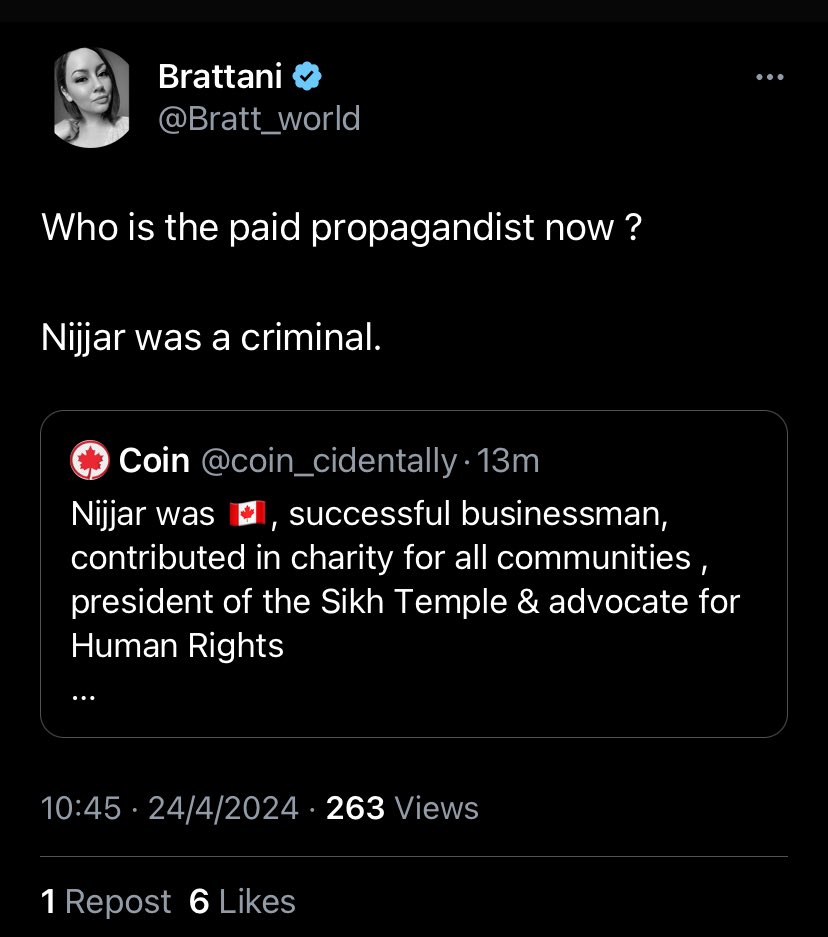 @Bratt_world Calm down Brattanj you’re becoming unhinged Why are you so obsessed with defending the Indian gov ? Anyone that calls out the oppressive Indian government is a cult to you? Stop calling Nijjar a criminal You have zero evidence for ur ridiculous claims @csiscanada