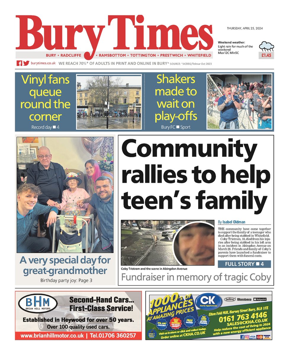 Front page of this week's @BuryTimes on sale Thursday📰 

#Bury #Radcliffe #Ramsbottom #Tottington #Prestwich #Whitefield #BuyAPaper #LocalNewsMatters #Newsquest #BuryFC #TomorrowsPapersToday