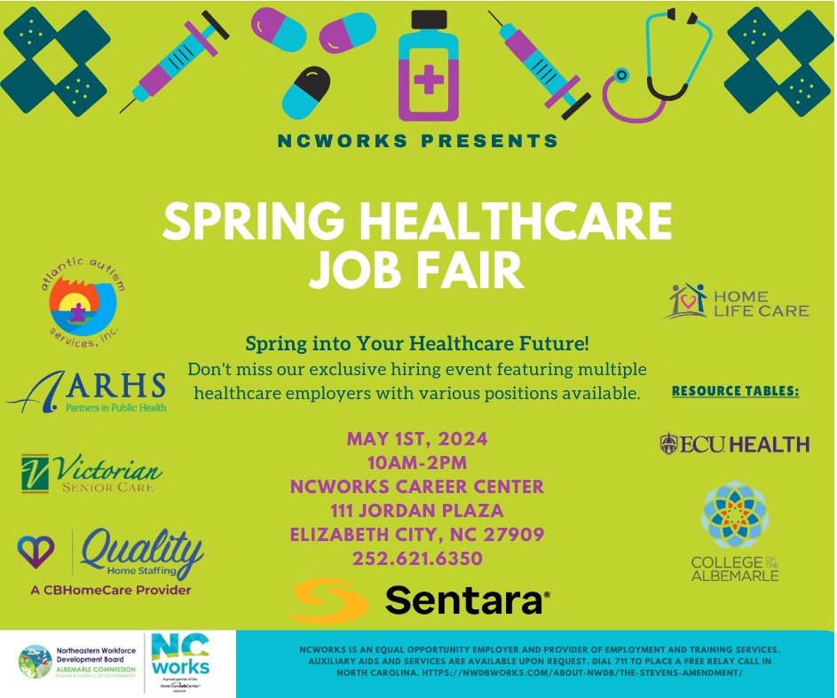 The #NCWorks Pasquotank Co. team will hold a Spring Healthcare #JobFair on Wed., May 1, 10am-2pm, at 111 Jordan Plaza, Elizabeth City, NC. At least 6 health care employers will be there, plus ECU & @COA_Dolphins! Call (252) 621-6350 for more info. #WorkforceWednesday