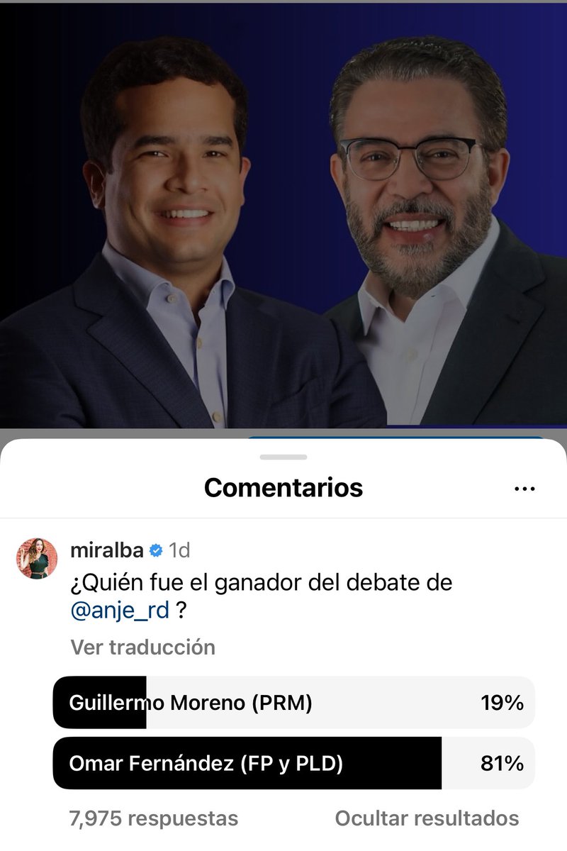 Miralba's tweet photo. Así quedó la encuesta:
Omar Fernández Vs Guillermo Moreno.

(Via Instagram) https://t.co/Z9iCFKqz38