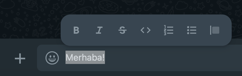 zinedkaloc's tweet image. WhatsApp Web'de bu özellik hep var mıydı yoksa yeni mi eklendi? 

Yazıyı seçtikten sonra stilini değiştirebileceğiniz seçenekler çıkıyor: bold, italic, liste vs... Her zaman mı vardı bu?