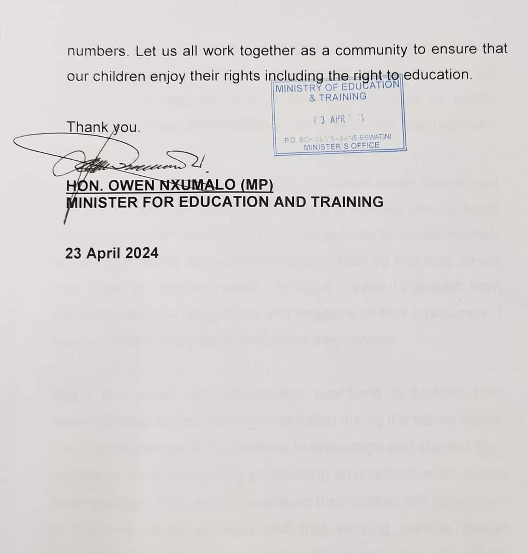 The reopening of schools has been postponed to 14 May 2024. The SNAT NEC did take part in this decision as taken yesterday (23-04-2024) at the Ministry of Education and Training (MoET).