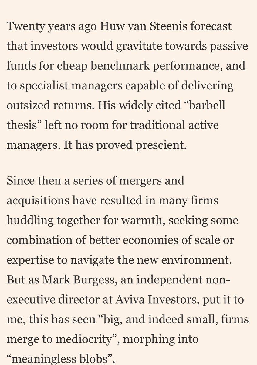 Good article giving a flavour of how many UK investment managers lost their way by @toby_n @FT Shifts in pension funds, Brexit, poor M&A, rates all count - but probably the largest challenge has been failing to capitalise on the barbelling to passive and alternatives: 1/3