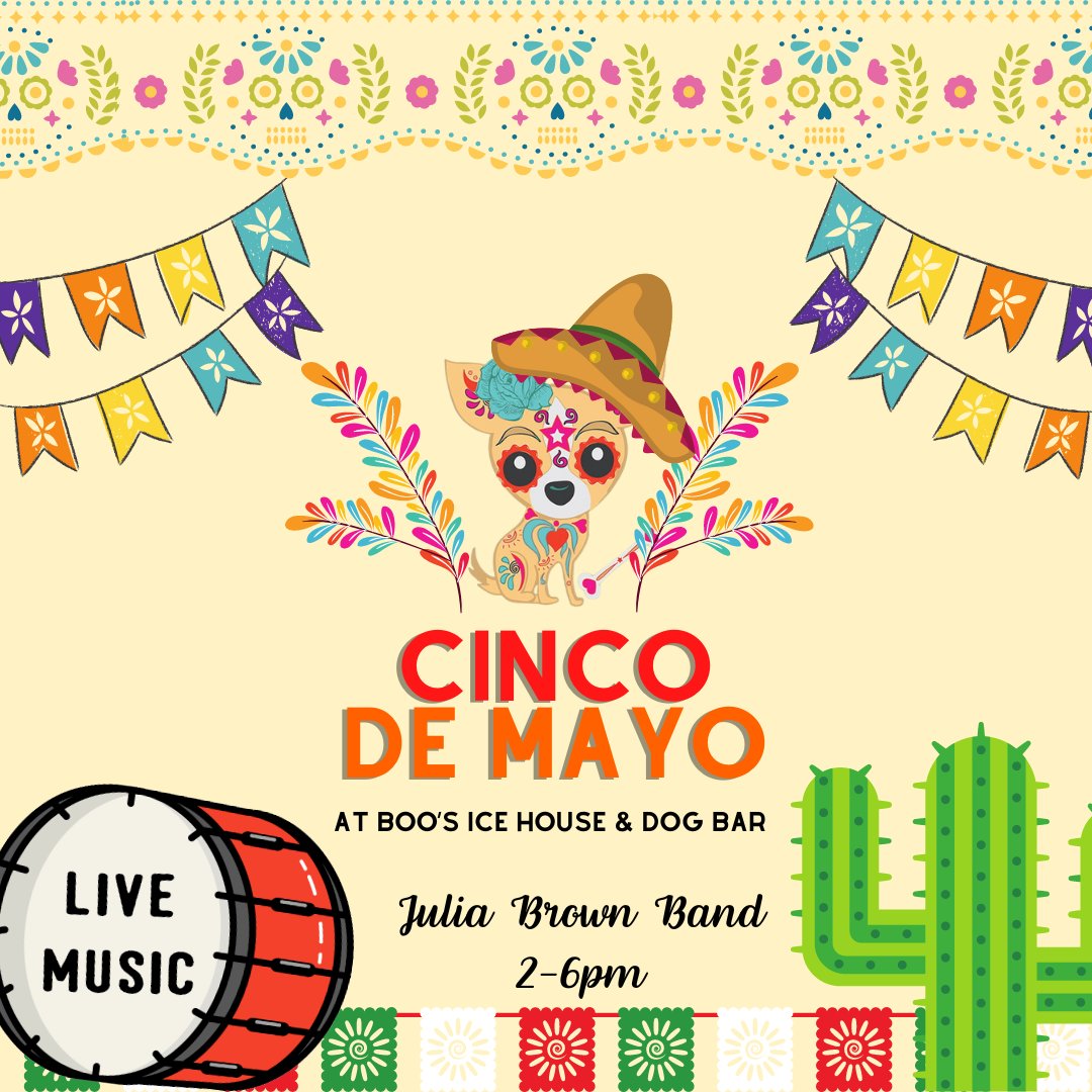 🍹Cinco de Mayo Party 2-6PM:
Julia Brown Band, Margarita deals, Mexi Pizza & Loaded Fries, Best Dressed Chihuahuas Fashion Show!

fb.me/e/1pHuvoj2c

#boosdogbar 
#cincodemayo #sarasotadogs #dogbar #sarasota #sarasotafood #srqfood  #pizzalovers #chihuahuafashion