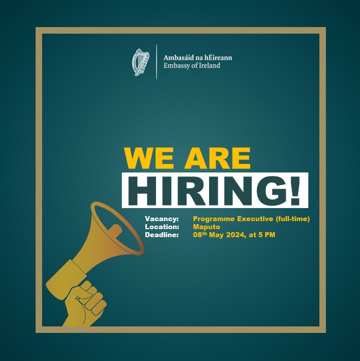 📢WE ARE HIRING! Interested in joining the Embassy of Ireland team? 🇮🇪🇲🇿 We are currently recruiting for the position of Programme Executive. Further details are available on our new website: ireland.ie/en/mozambique/… Deadline: 8th May 2024, at 05:00 PM. Don't miss out!