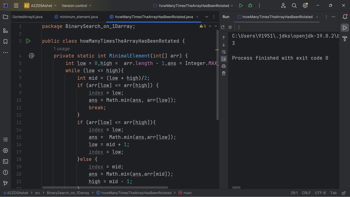 Sahilsher2710's tweet image. Day 51 #StriverA2ZDSA
-Find out how many times has an array been rotated(optimal solution) 
 #LearnInPublic