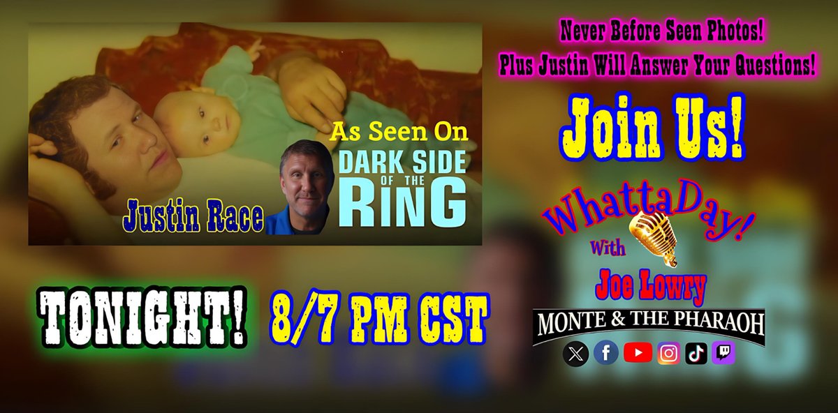 **TONIGHT** Justin Race, Son Of Hall Of Famer Harley Race, Visits #WhattaDay - Q & A Plus Never Before Seen Photos - Join Us LIVE At 8/7 PM CST - Click Here: youtube.com/live/_RoccYK7B… #WWE @apter1wrestling @MonteThePharoa1