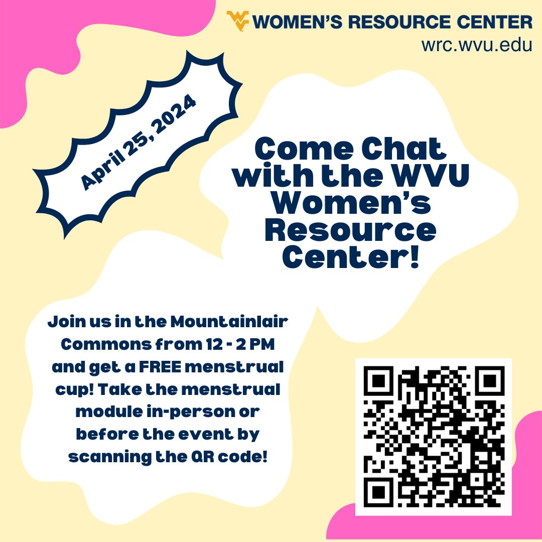 Hey, Mountaineers!

Tomorrow is our LAST menstrual cup tabling event. Take the module and redeem your cup from 12-2 tomorrow in the Mountainlair Commons! 

Mark your calendars! Those who do not pick up their cup by tomorrow will have to retake the module next semester!