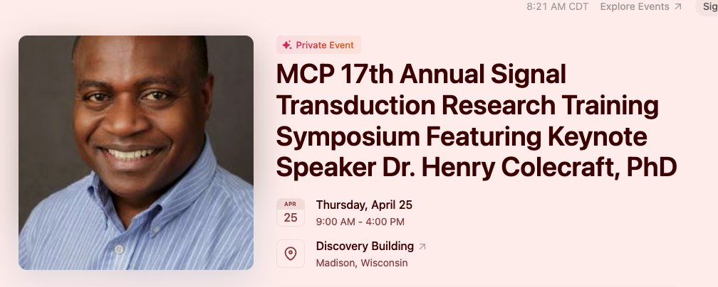 Excited for @UWMadGSEd @uwsmph Molecular and Cellular Pharmacology Grad Program's 17th(!) Annual Research Symposium tomorrow (4/25) showcasing our outstanding students and with a keynote address from Dr. Henry Colecraft starting at 9am @DiscoveryBldg !!