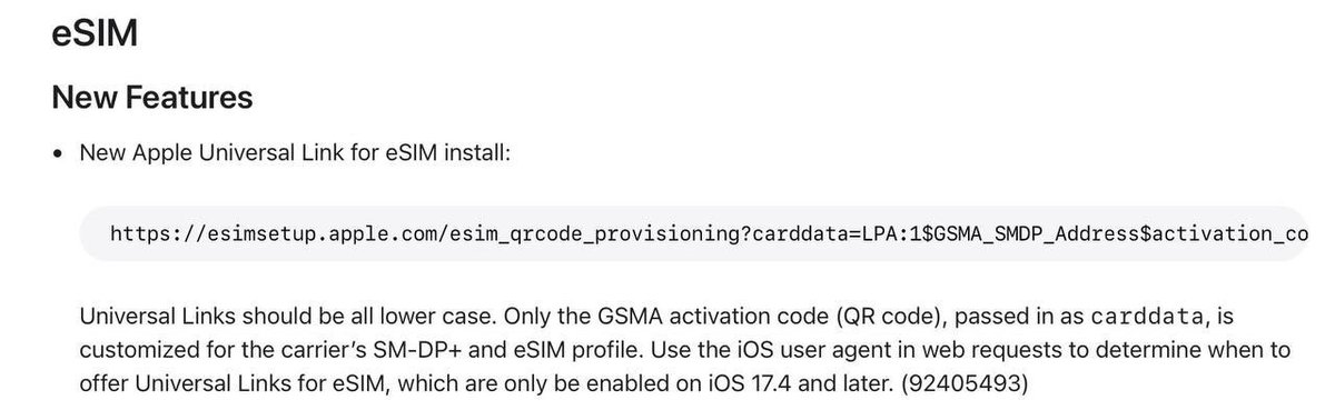 Новое в iOS 17.5 Beta 3:

При настройке eSIM в сетях GSMA появилась новая универсальная ссылка для установки электронной сим-карты на iPhone. При этом функция может поддерживаться и на iOS 17.4, о чём указано в описании к обновлённой функции.