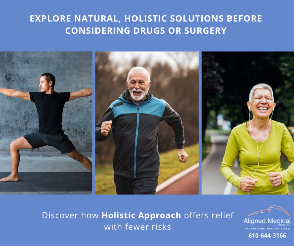 Explore #NaturalSolutions at Aligned Medical Group before considering drugs or surgery. Our team prioritizes your well-being, viewing you as a whole person rather than one injured part. Discover how our #HolisticApproach offers relief with fewer risks. Make an appt today!